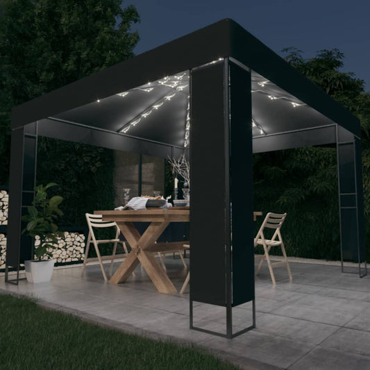 Prieel met dubbel dak en LED-lichtslinger 3x3 m antracietkleur