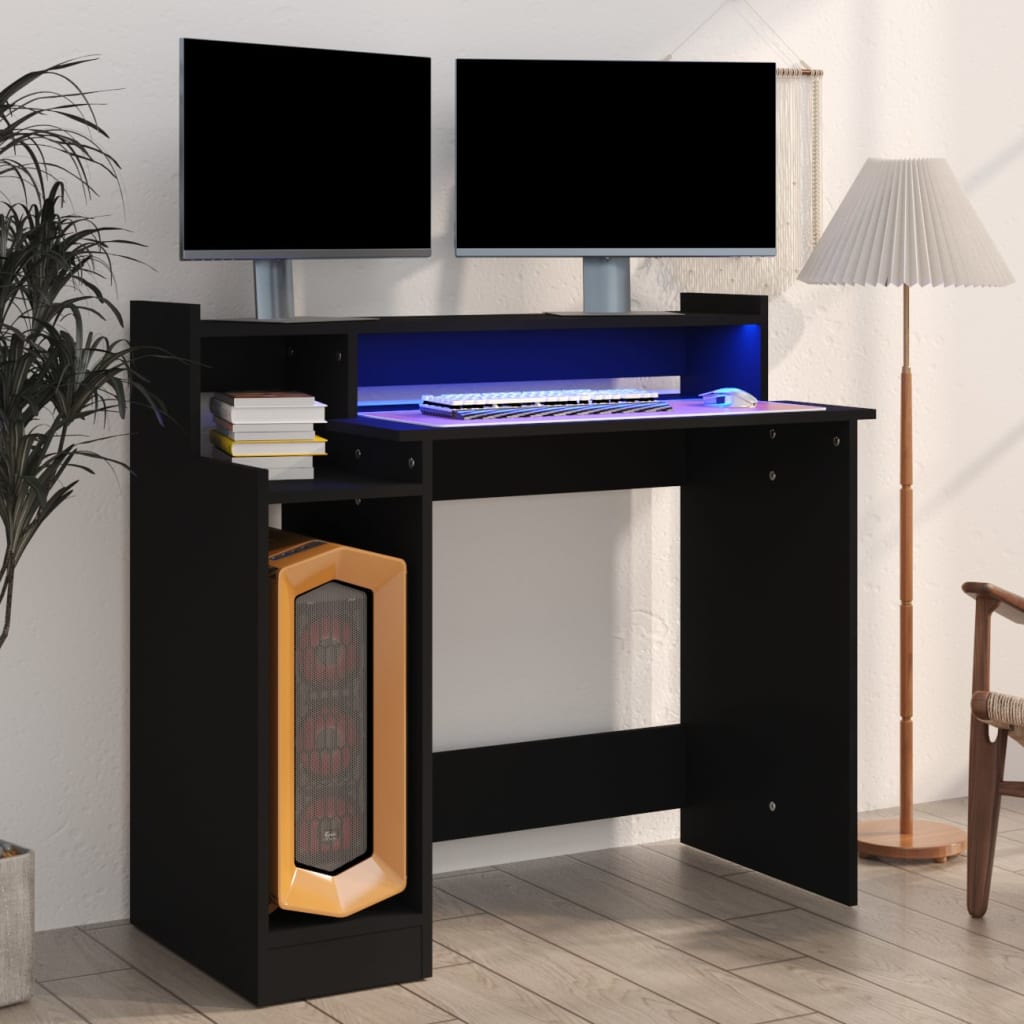 Desk with LED lighting 97x45x90 cm finished wood black