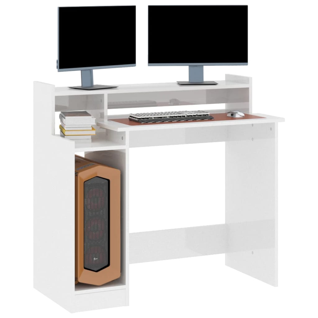 Desk with LED lighting 97x45x90 cm high-gloss white wood